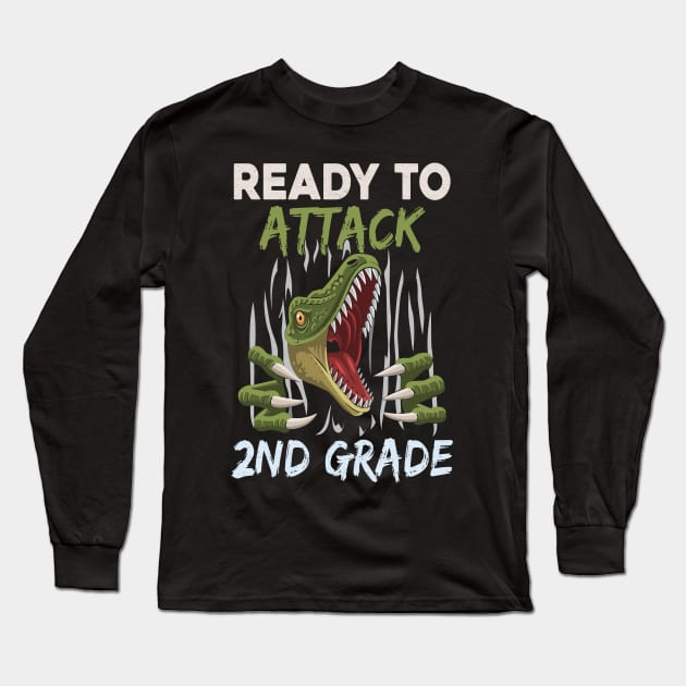 Dinosaur Kids Ready To Attack 2nd Grade Boys Back To School Long Sleeve T-Shirt by kateeleone97023